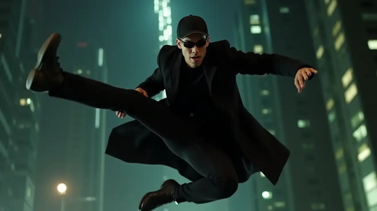 A slim 30-year-old man, wearing a baseball cap with the brim facing forward, dressed in a 'Matrix'-style outfit (long black trench coat, black sunglasses, black boots, and tight black clothing underneath), is mid-air, performing a flying kick. His expression is intense, with determination in his eyes, and his body is fully extended, one leg straight and the other bent, as if in a high-impact action scene. The background shows a futuristic, dark cityscape with neon lights, capturing the iconic cyberpunk aesthetic of 'Matrix.'