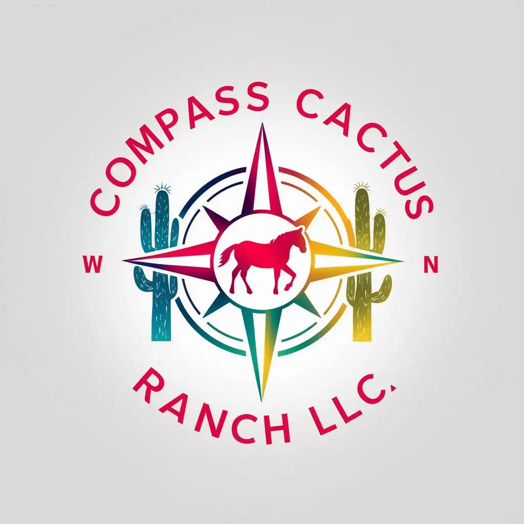 LOGO Design For Compass Cactus Ranch LLC Gradient Blue Red Green Yellow with Compass Cactus and Horse Elements