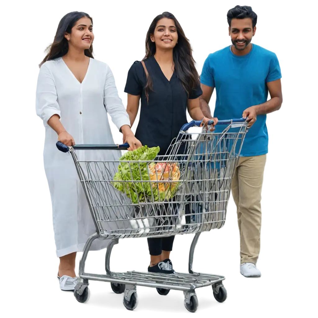 A young kerala couple in their 20s, a woman with long dark hair and a man with short dark hair, smiling and pushing a shopping cart full of groceries in front of a bright blue background