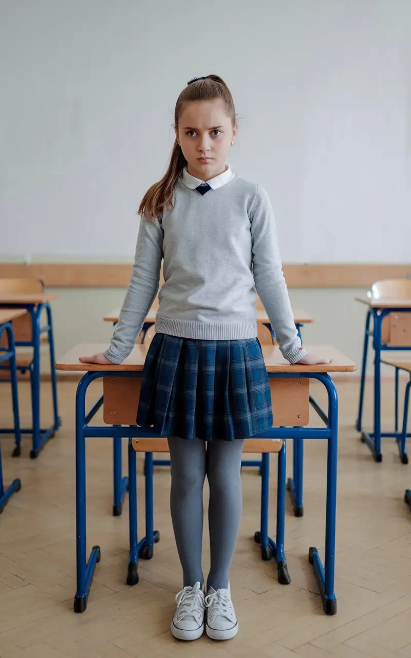 Teen-Girl-in-Classroom-with-Wooden-Desk-and-Serious-Expression