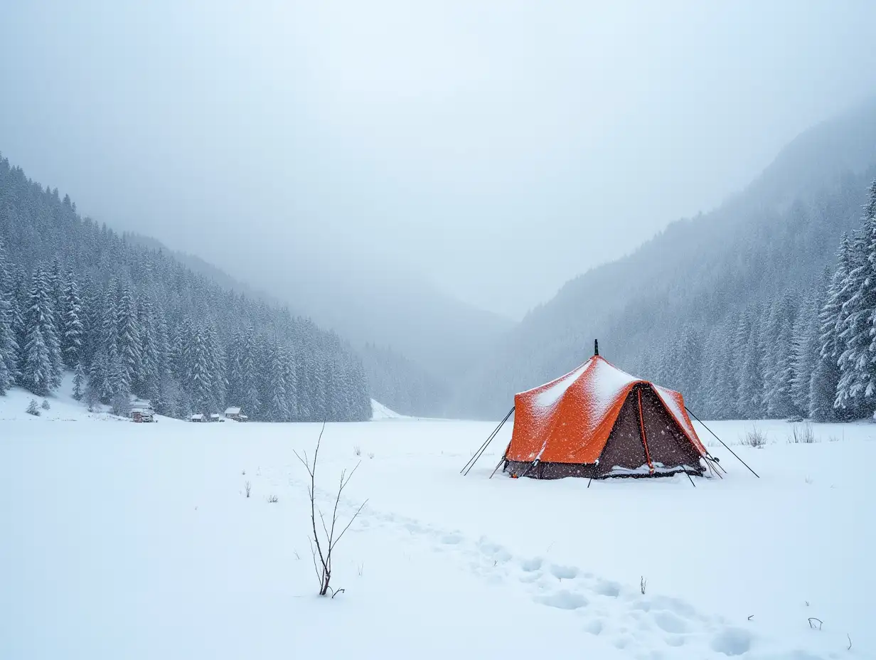 Tent in snowy mountain landscape. Achenkirch, Austria