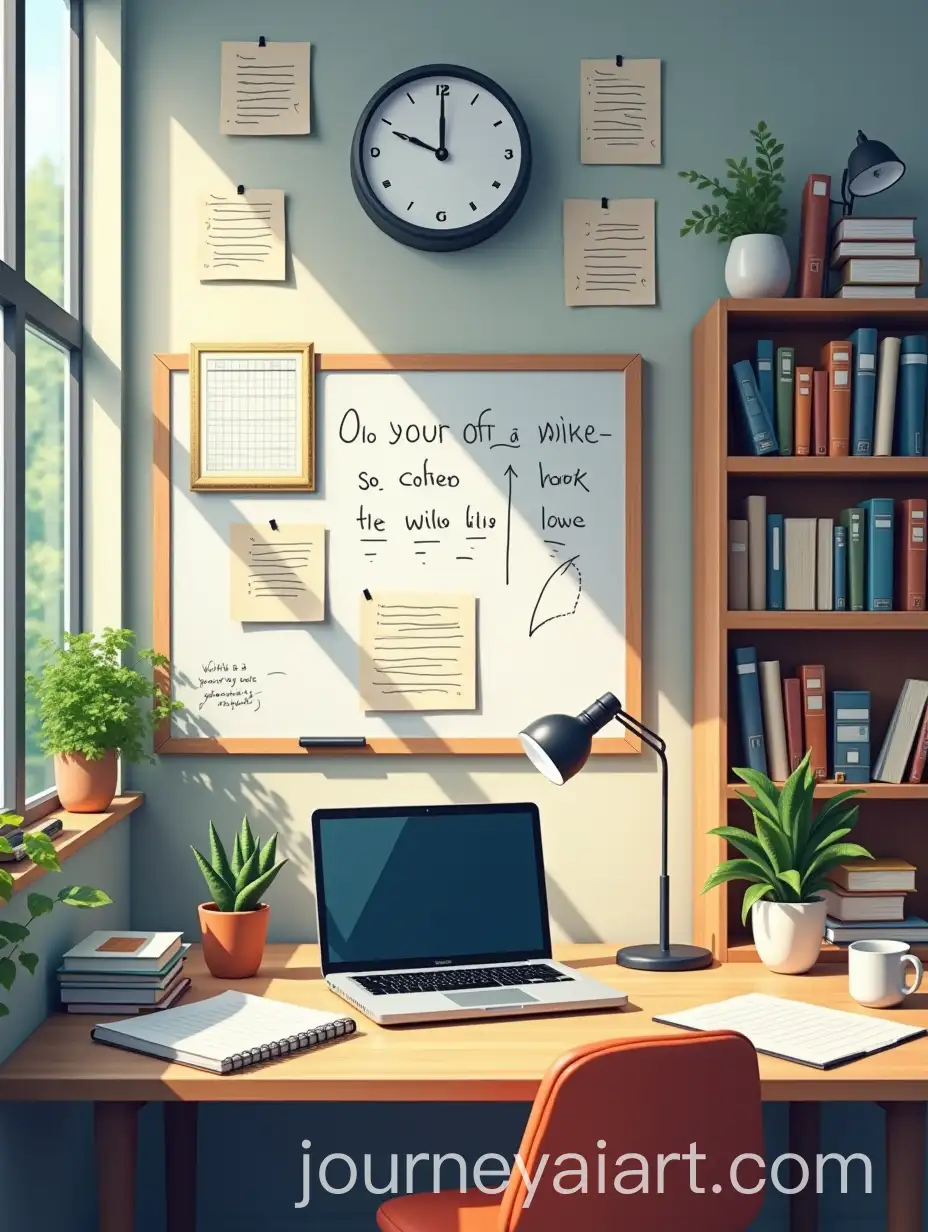 Modern-Organized-Workspace-with-Motivational-Decor-and-Career-Items