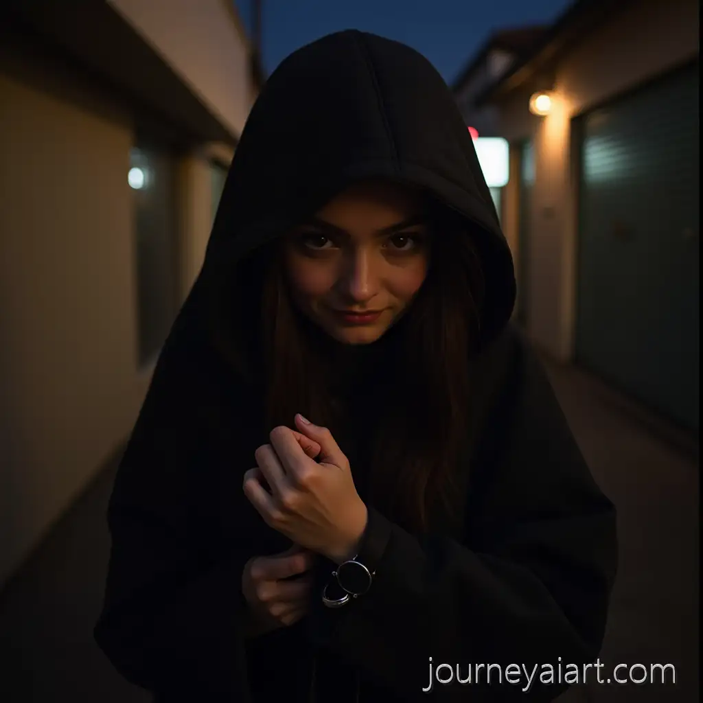 Girl-in-Black-Abaya-Activating-Wristband-in-Dimly-Lit-Alley-at-Night