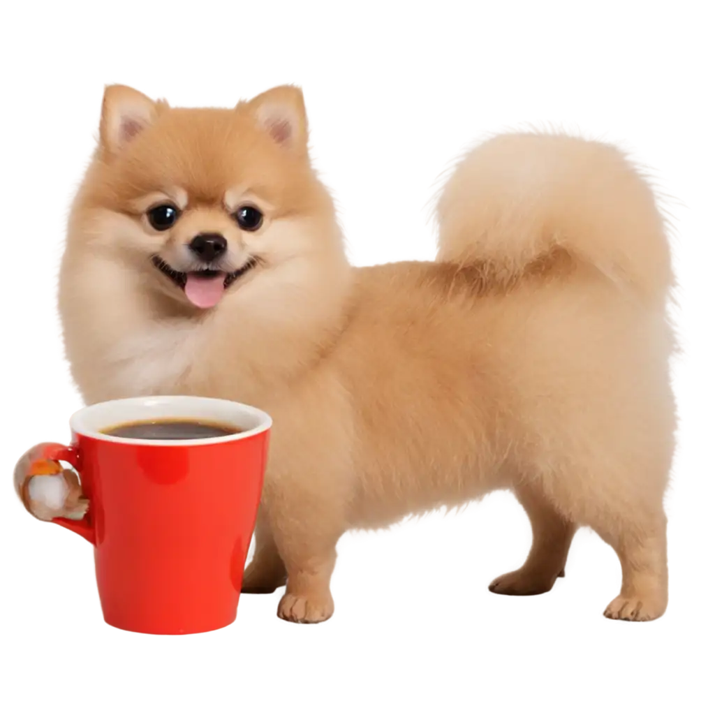 Smiling-Pomeranian-Puppy-Holding-a-Cup-of-Coffee-PNG-Image