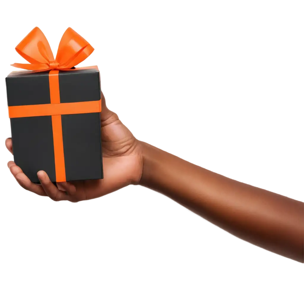 A black skin hand holding an Orange Gift box