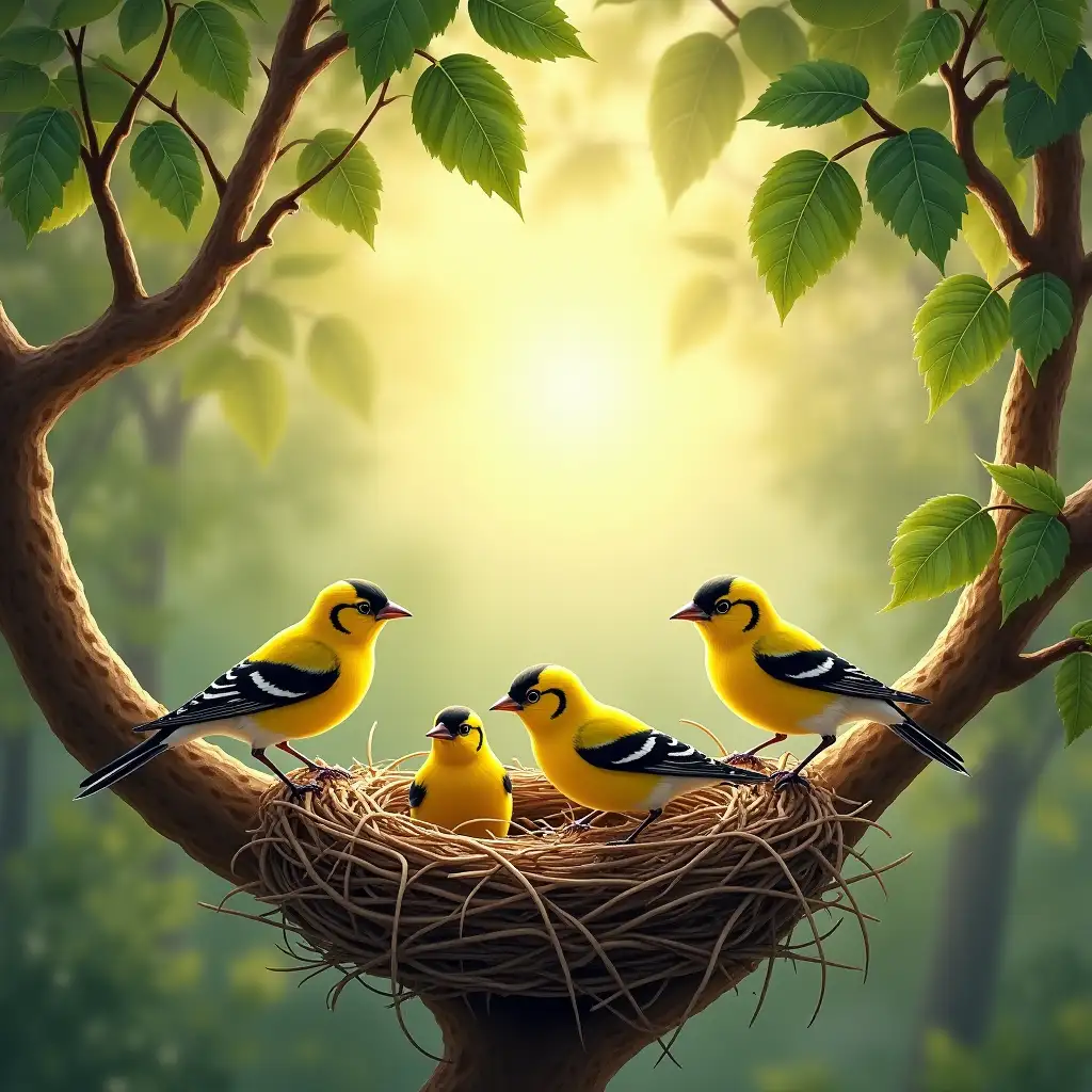 generate an image of a picture where there is a beautiful scene of goldfinches in a nest in a leafy tree and above the scene a text in Spanish that says: 'Peace to this house'