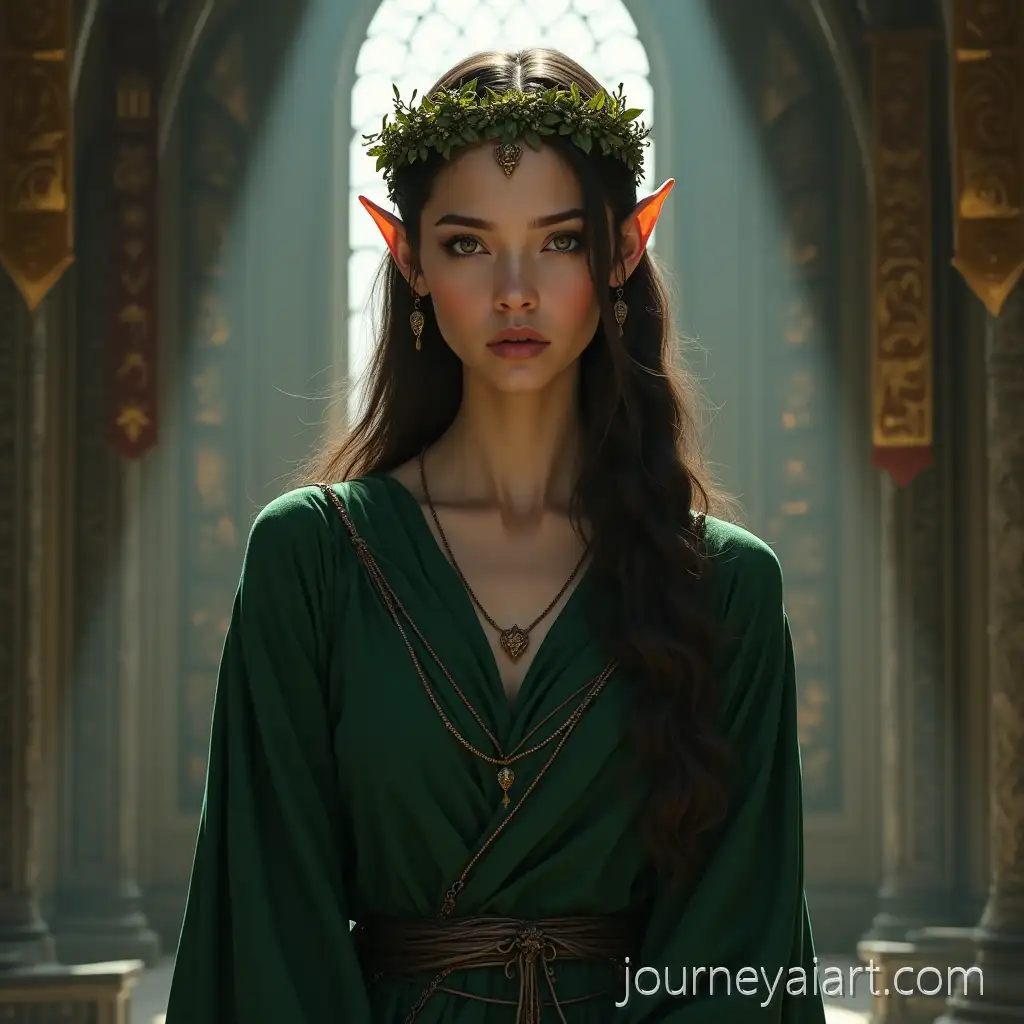 Elven-Queen-in-Majestic-Forest-Hall-with-Copper-Crown-and-Flowing-Robes