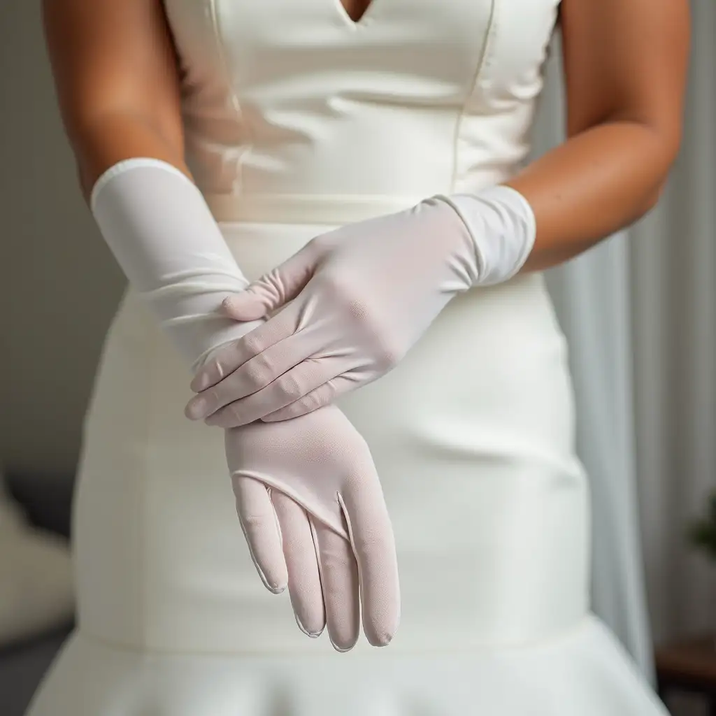 CloseupWoman-wearing-satin-gloves-of-Woman-Pulling-on-Long-White-Satin-Wedding-Gloves