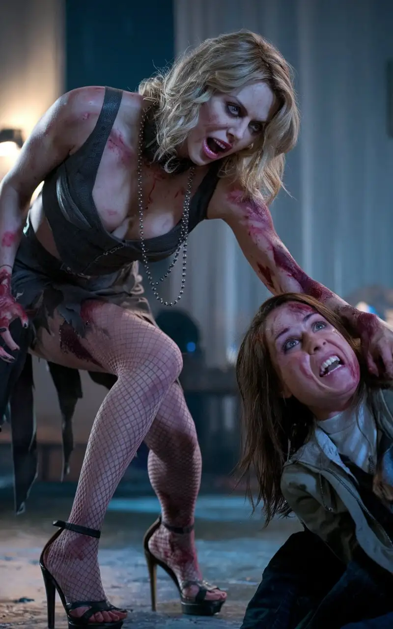 Charlize-Theron-as-a-Zombie-with-HighHeeled-Sandals-Attacking-a-Frightened-Victim