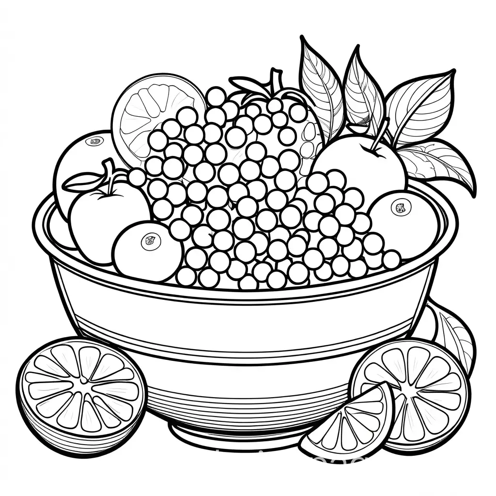 Design a fruit salad coloring page. The salad should be in a large bowl filled with a variety of fruits like slices of oranges, strawberries, kiwi, and grapes. Ensure the fruits are depicted with clear, bold outlines and arranged in a visually appealing way. The design should feature large, simple areas for easy coloring, with minimal intricate details.without colors., Coloring Page, black and white, line art, white background, Simplicity, Ample White Space. The background of the coloring page is plain white to make it easy for young children to color within the lines. The outlines of all the subjects are easy to distinguish, making it simple for kids to color without too much difficulty