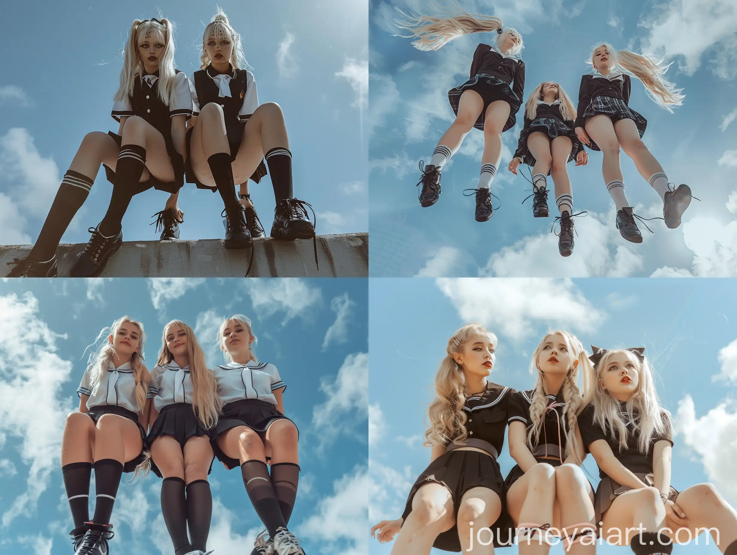 Three-Influencer-Girls-in-Black-School-Uniforms-Smiling-Naturally