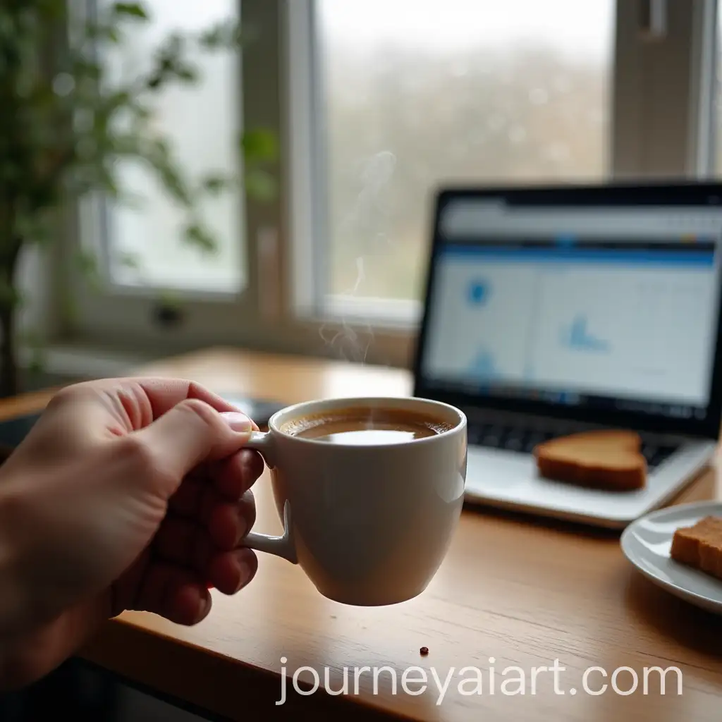 Right-Hand-Holding-Hot-Coffee-with-Morning-Rain-and-Laptop-on-Wooden-Table