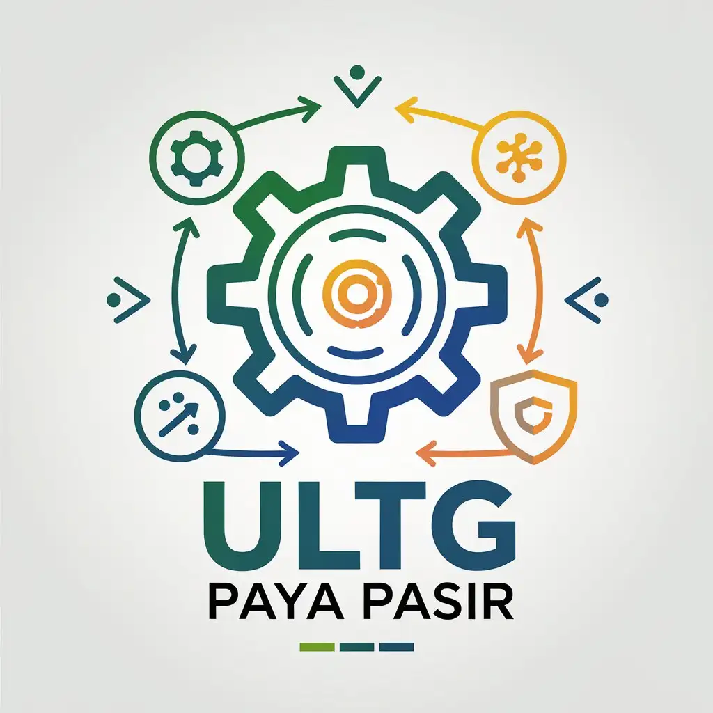 a vector logo design,with the text "ULTG PAYA PASIR", main symbol:Industry Representation: Use gears or machinery icons to symbolize industrial processes. Generation and Transmission: Incorporate elements like lightning bolts or power lines to represent energy generation and transmission. Team Collaboration: Include interconnected circles or hands to signify teamwork and collaboration. Transformation: Use arrows or paths that show movement or evolution, indicating growth and transformation. Zero Accidents: A shield or check mark can symbolize safety and reliability. System Reliability: A strong, stable base or structure can convey stability and dependability. Color Palette: Green: Safety and reliability. Blue: Trust and teamwork. Yellow/Orange: Energy and innovation.,complex,be used in Legal industry,clear background