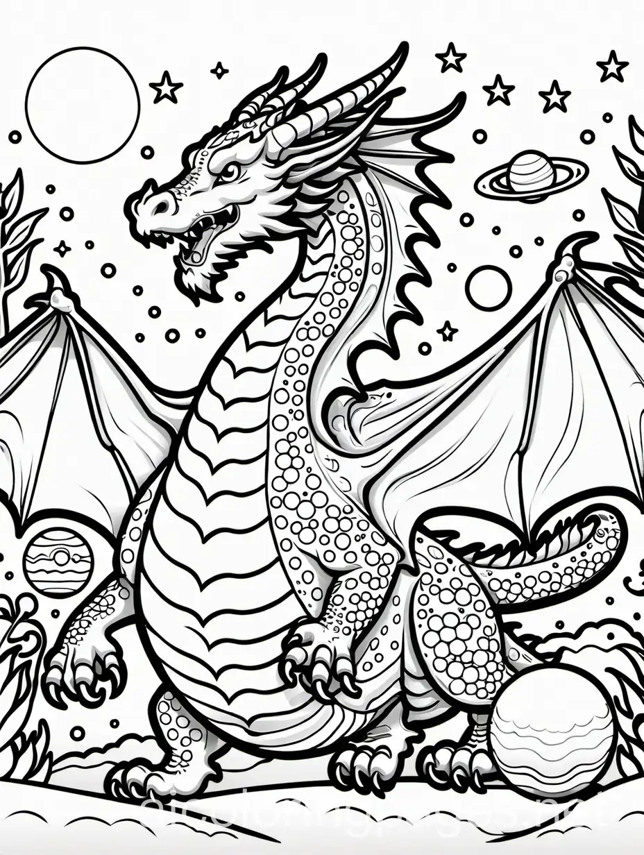 planets add a dragon, Coloring Page, black and white, line art, white background, Simplicity, Ample White Space. The background of the coloring page is plain white to make it easy for young children to color within the lines. The outlines of all the subjects are easy to distinguish, making it simple for kids to color without too much difficulty