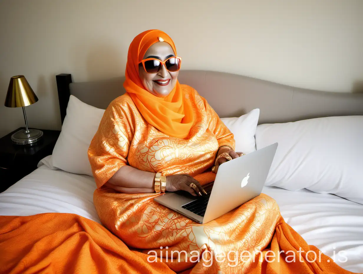 Elderly-Muslim-Woman-Smiling-in-Neon-Orange-Hijab-with-MacBook-and-Gold-Ornaments