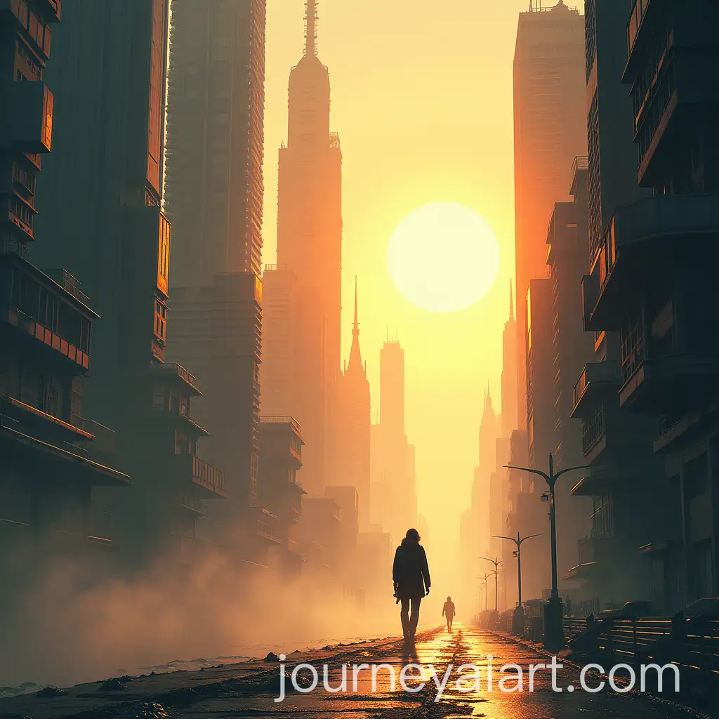 Futuristic-Vertical-Cityscape-with-Lone-Wanderer-and-Sun-Reflections