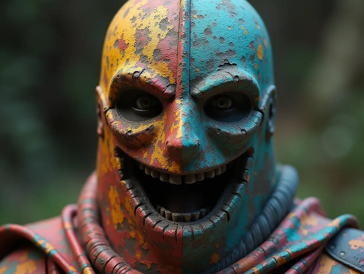 Stone face with colorful knight's armor in mouth roots full body representation
