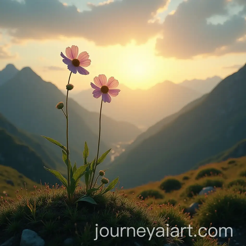 Two-Flowers-on-a-Hill-Overlooking-a-Mountain-Valley-at-Sunrise