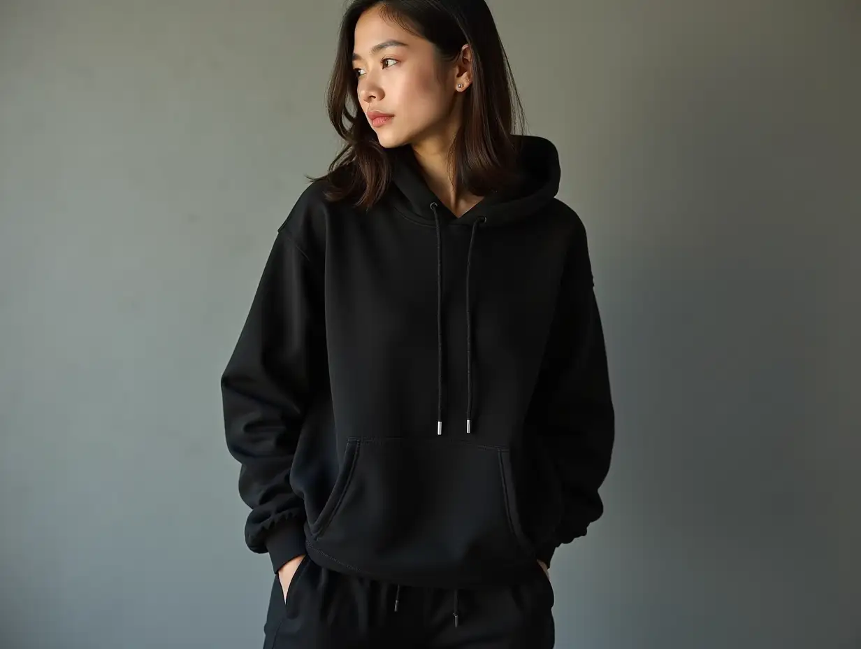 an asian model woman wearing a black hoodie and black sweatpants.