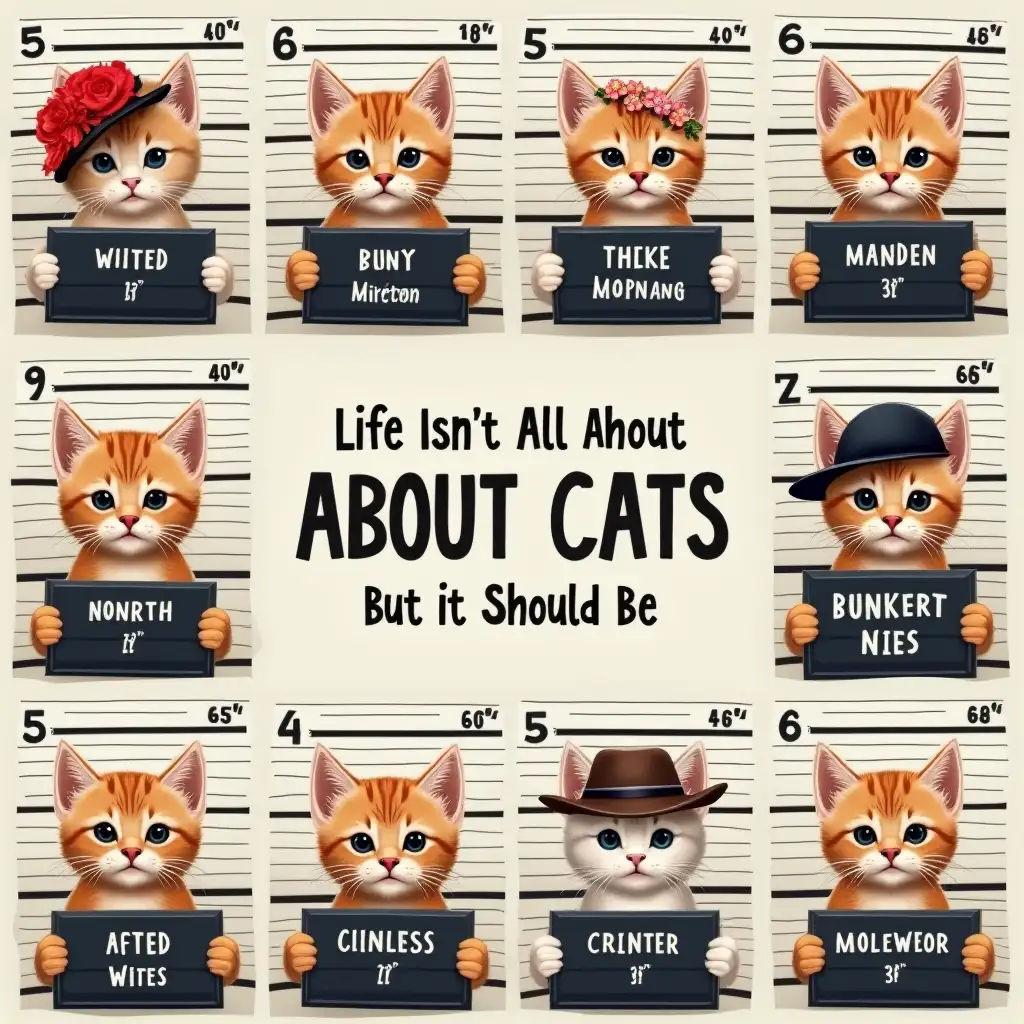 Vector. eight cute kittens in mugshots, featuring the word 'Life Isn't All About Cats But It Should Be' in bold, centered eight adorable Highland. The kittens are wearing different accessories, such as flowers, hats, and glasses. The background is a wall used to take pictures of criminals.