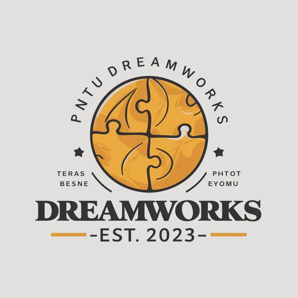 a vector logo design,with the text "Pintu DreamWorks
-EST 2023-
拼图梦工厂", main symbol:Pintu DreamWorksn-EST 2023-nPuzzle DreamWorks,Moderate,be used in Entertainment industry,clear background