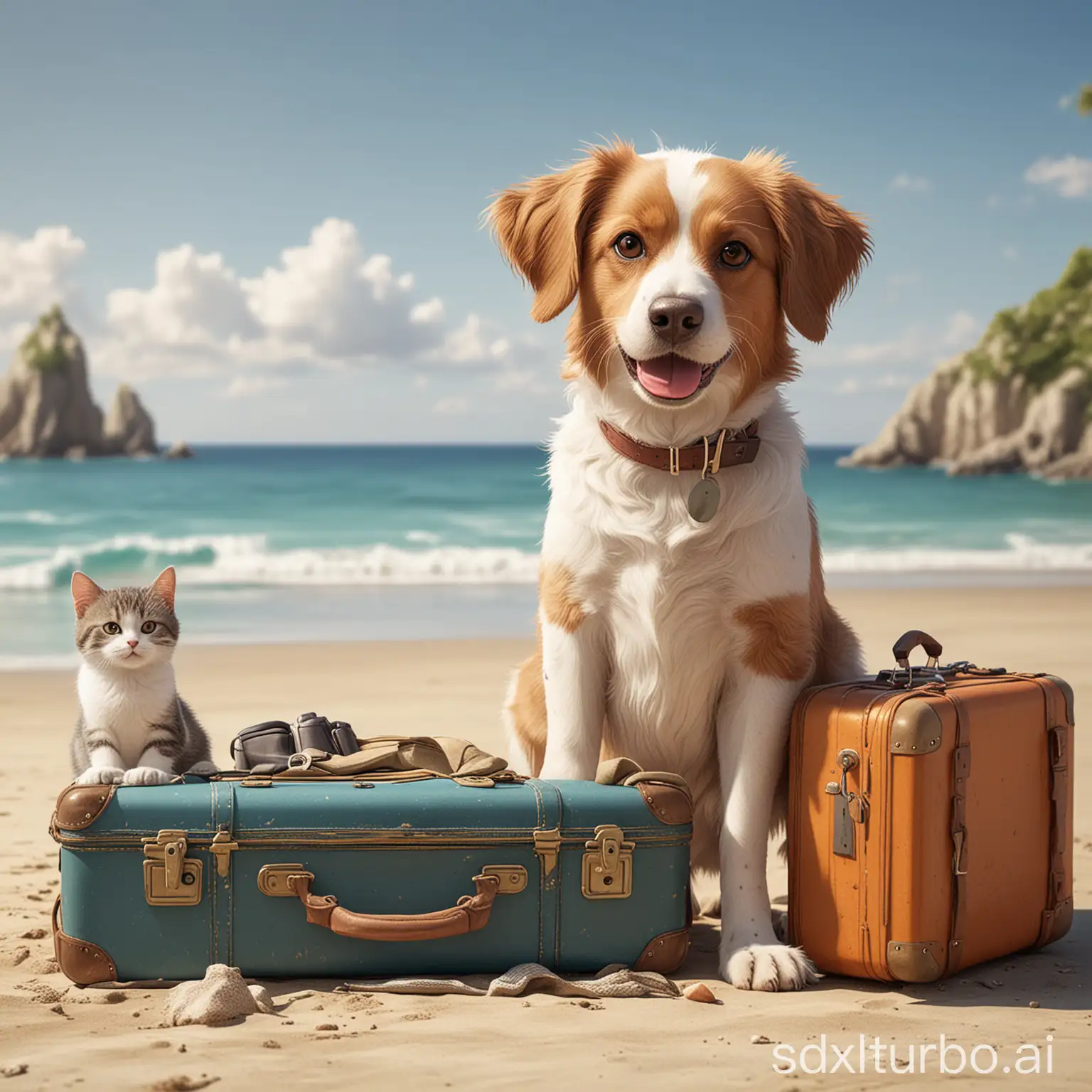 Dog-and-Cat-with-Suitcases-on-Beach-Vacation