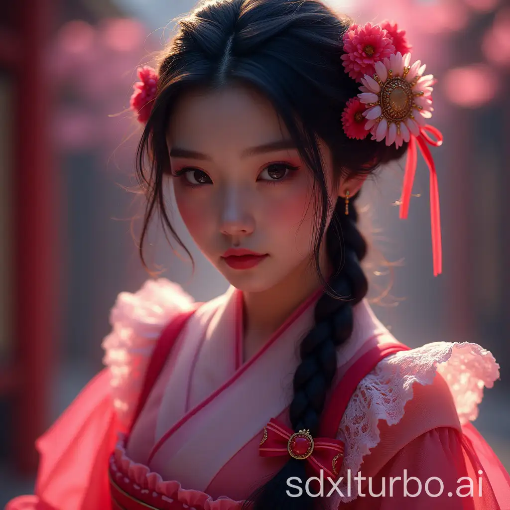 Elegant-Japanese-Lolita-with-Magenta-Braid-in-Dramatic-Digital-Art Facing the camera