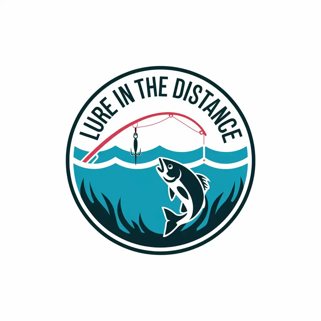 a vector logo design,with the text "Lure in the distance", main symbol:red, fishing rod, fish, water,Moderate,clear background