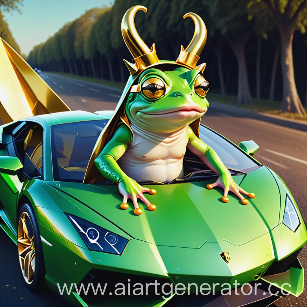 Frog-Costume-with-Golden-Horns-Sitting-on-Lamborghini