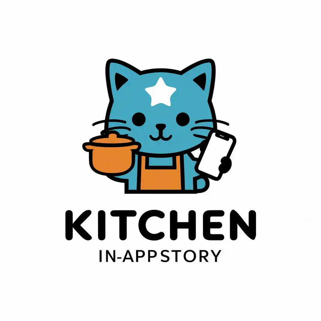 LOGO-Design-for-Kitchen-InAppStory-Blue-Cat-with-Star-Pot-and-Phone