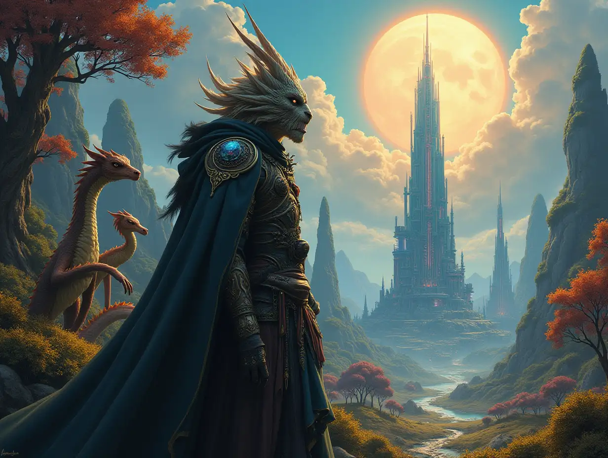 Ultradetailed hyperrealistic portrait of a Multiversum time traveler with various strange beings with futuristic glass towers, dragons in front of a meticulously detailed, colorful, forested alien planet