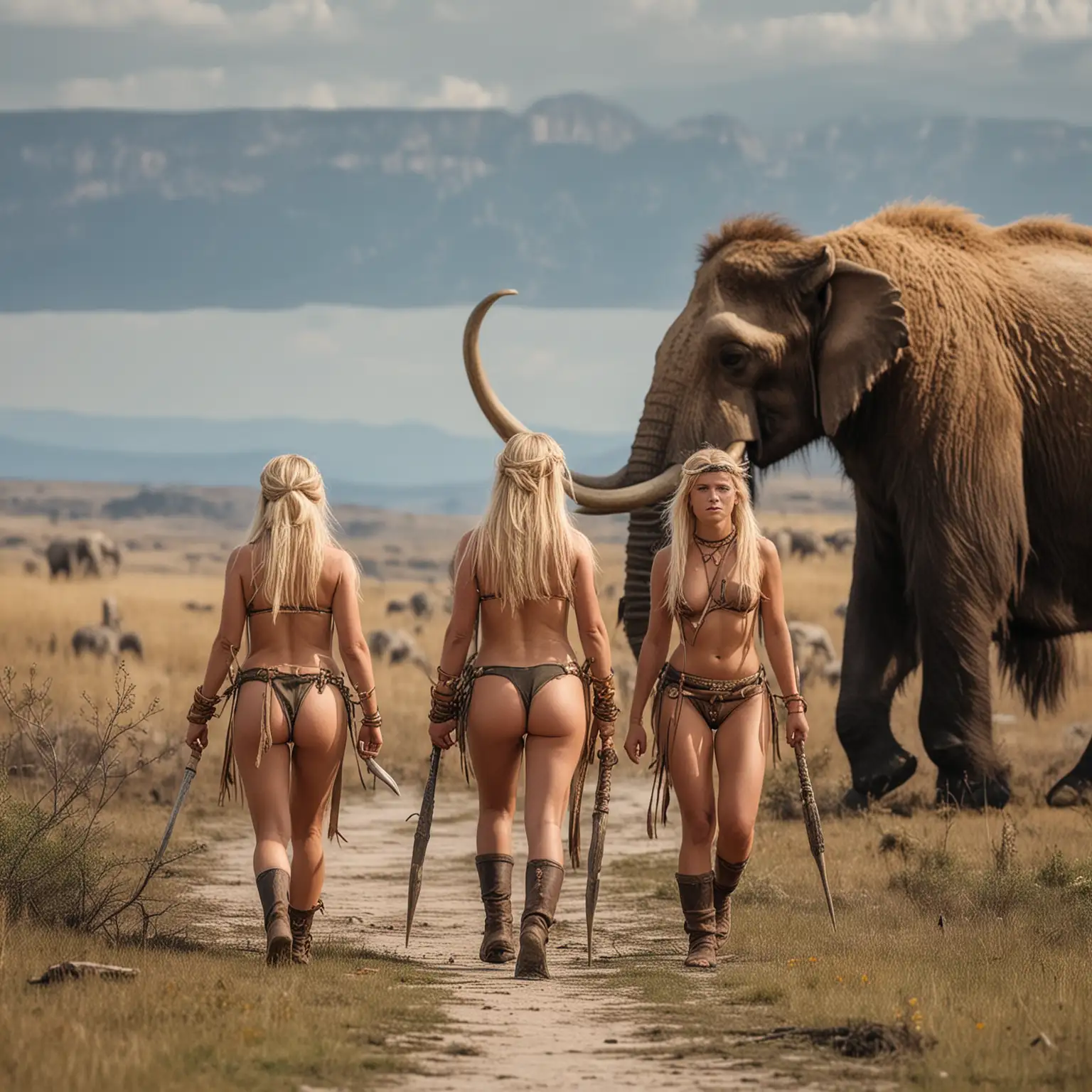 Two-Blonde-Girls-from-Wild-Tribe-with-Spears-in-Northern-Savanna-with-Mammoths-in-the-Distance