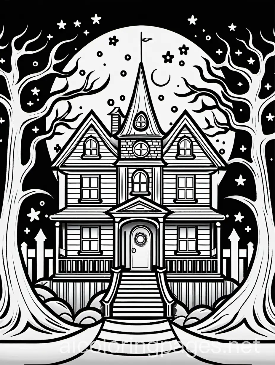 Haunted house, coloring page, white background, black and white, line art, simplicity, coloring page for kids, Coloring Page, black and white, line art, white background, Simplicity, Ample White Space. The background of the coloring page is plain white to make it easy for young children to color within the lines. The outlines of all the subjects are easy to distinguish, making it simple for kids to color without too much difficulty