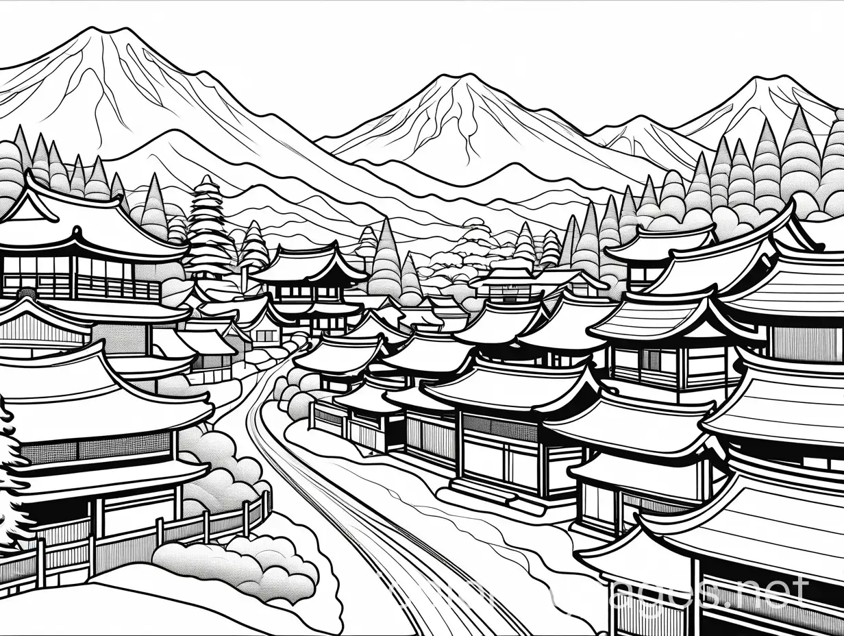 Japanese-Village-in-the-Snow-at-Sunrise-Kids-Coloring-Page