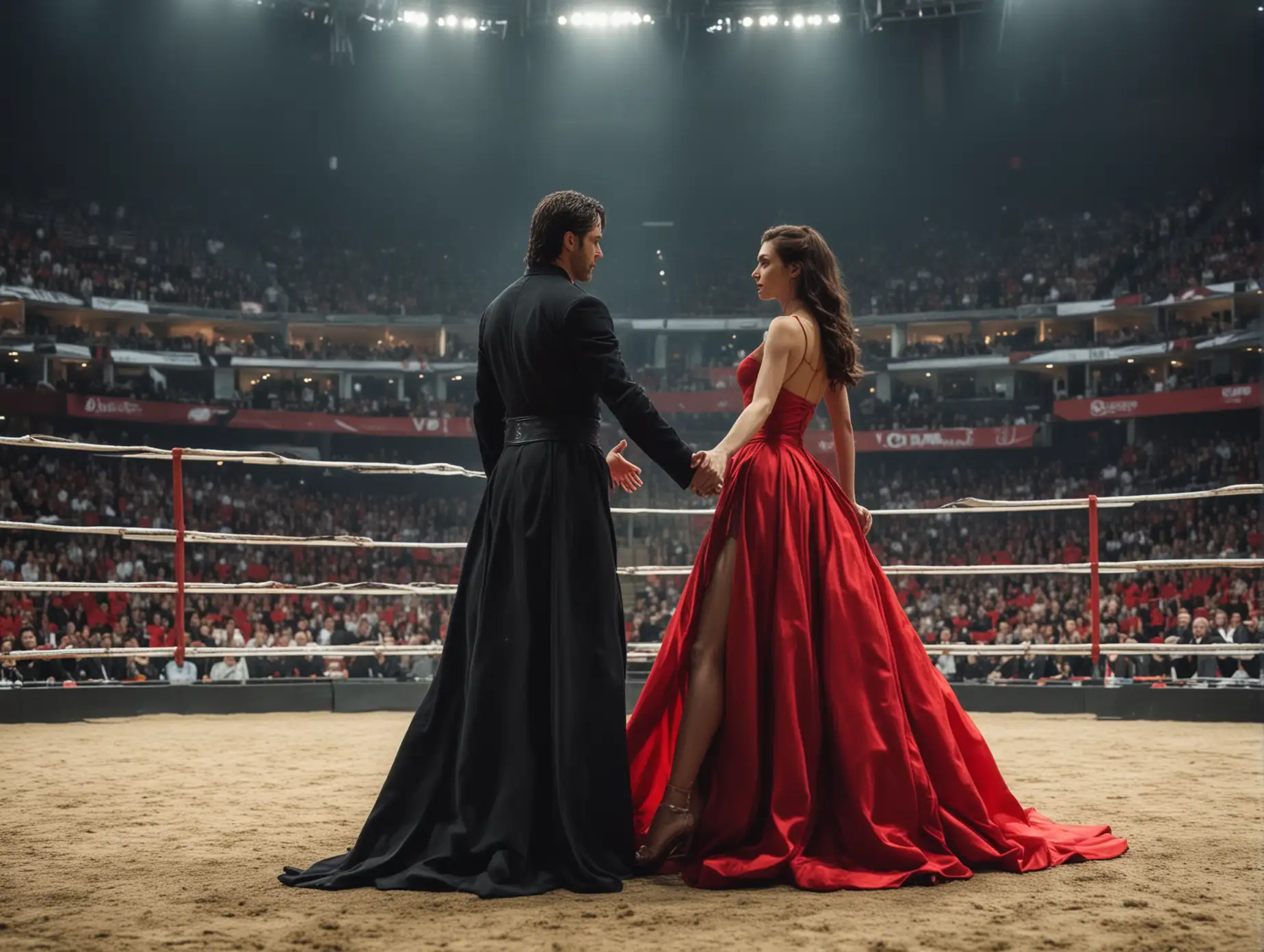 Man-in-Black-Clothes-and-Woman-in-Red-Dress-Standing-Back-to-Back