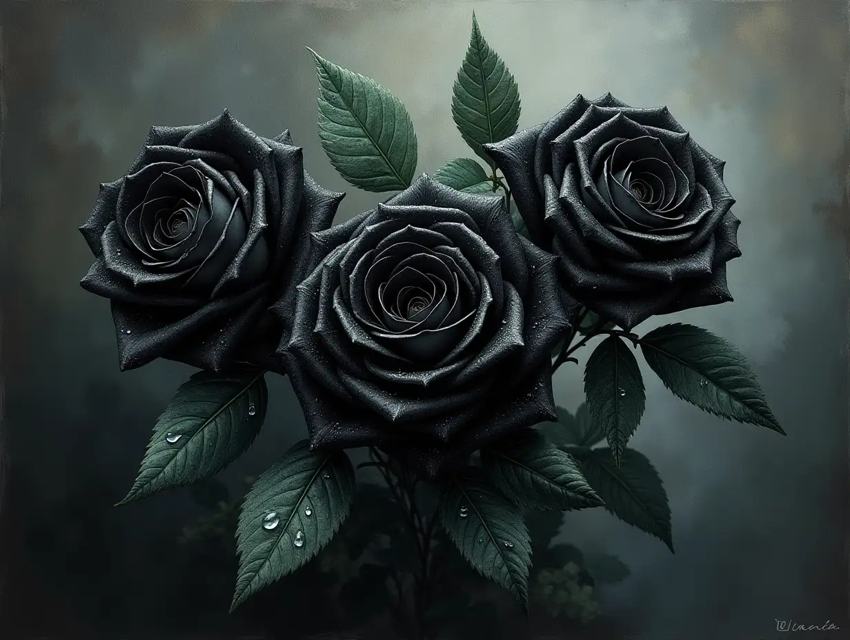 Poignant still life: three vivid black roses, lush dark green leaves. Elegantly textured background, moody abstract grays and soft blacks, impressionist/hyperrealistic. Rain/water droplets, light catching, delicate petals/leaves. Evocative, somber atmosphere, beauty vs. bleakness. Rich monochromatic palette, deep blacks, subtle silver/green highlights. Melancholic beauty, intricate details, water reflections, light/shadow interplay. Alcohol Ink painting