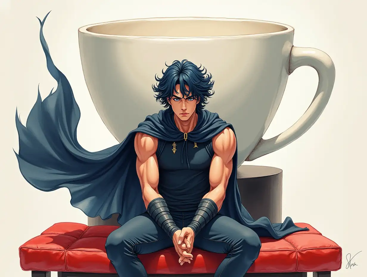 Create a wild and dynamic watercolor illustration in moody with Chinese painting style, very wild and strong brush strokes shown in style. The character is young man with medium curvy dark blue hair which flow in the air, muscular arm revealed as he is wear in sleeveless sleek form fitted outfit, with bracers on both hands, his pose shown in front, is sitting on a soft red leather backless bench, with a serious expression, hands clasped, and feet apart. Behind him, there is a large short white coffee cup sculpture. His cape is flowing upward in the wind. Ensure the image captures a dramatic and intense atmosphere, with motion vibe. The vibe is serious, dynamic, energetic. Ensure the big coffee cup behind him is a short one and closed to him, right behind him, ensure the coffee places on a big black cylinder as base.