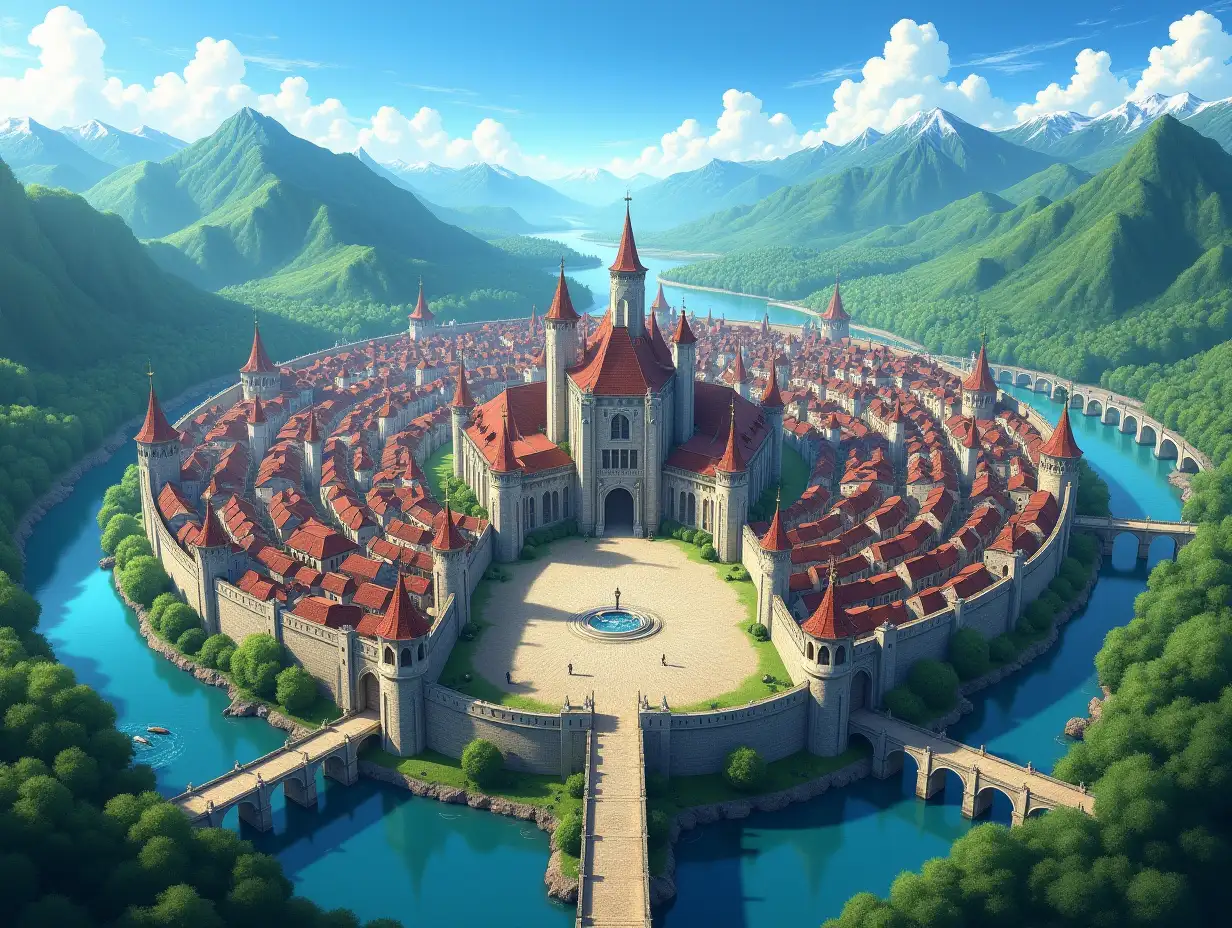 ((Anime drawing style)), (Anime), Aerial view of the grand medieval city of Adonia. The city is vast and surrounded by high stone walls, with red-roofed houses, stone towers, and castles spread throughout. In the center, a magnificent palace dominates the scene, set within a circular plaza. Rivers wind around the city, reflecting sunlight, and bridges connect different districts. The surrounding landscape features towering green mountains, lush forests, and sparkling rivers. The atmosphere is peaceful, with slow-moving clouds in a bright blue sky. The bird's eye view captures the full majesty of the city and the surrounding natural beauty, similar to the structure and feel of traditional medieval fantasy empires