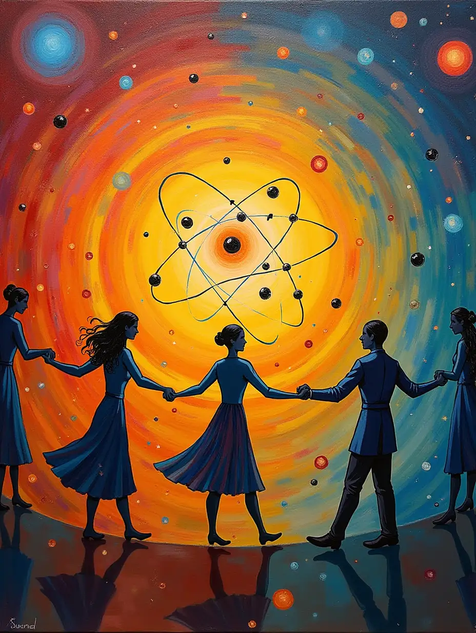 the painting looks like a Henri Matisse Dance painting a schematic representation of an atom with orbitals and electrons, people holding hands in a round dance along the orbitals