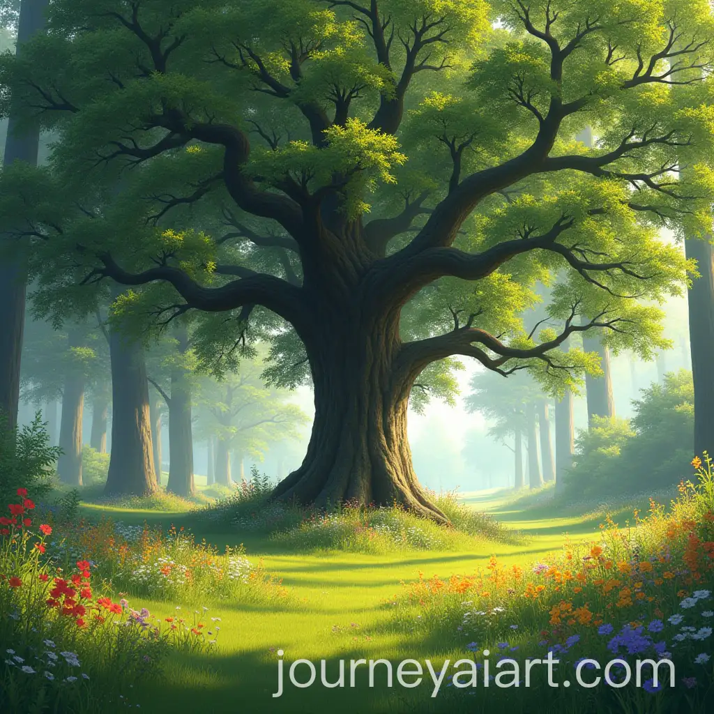 Mighty-Oak-Tree-Surrounded-by-Colorful-Wildflowers-and-Tall-Trees-in-a-Sunlit-Forest