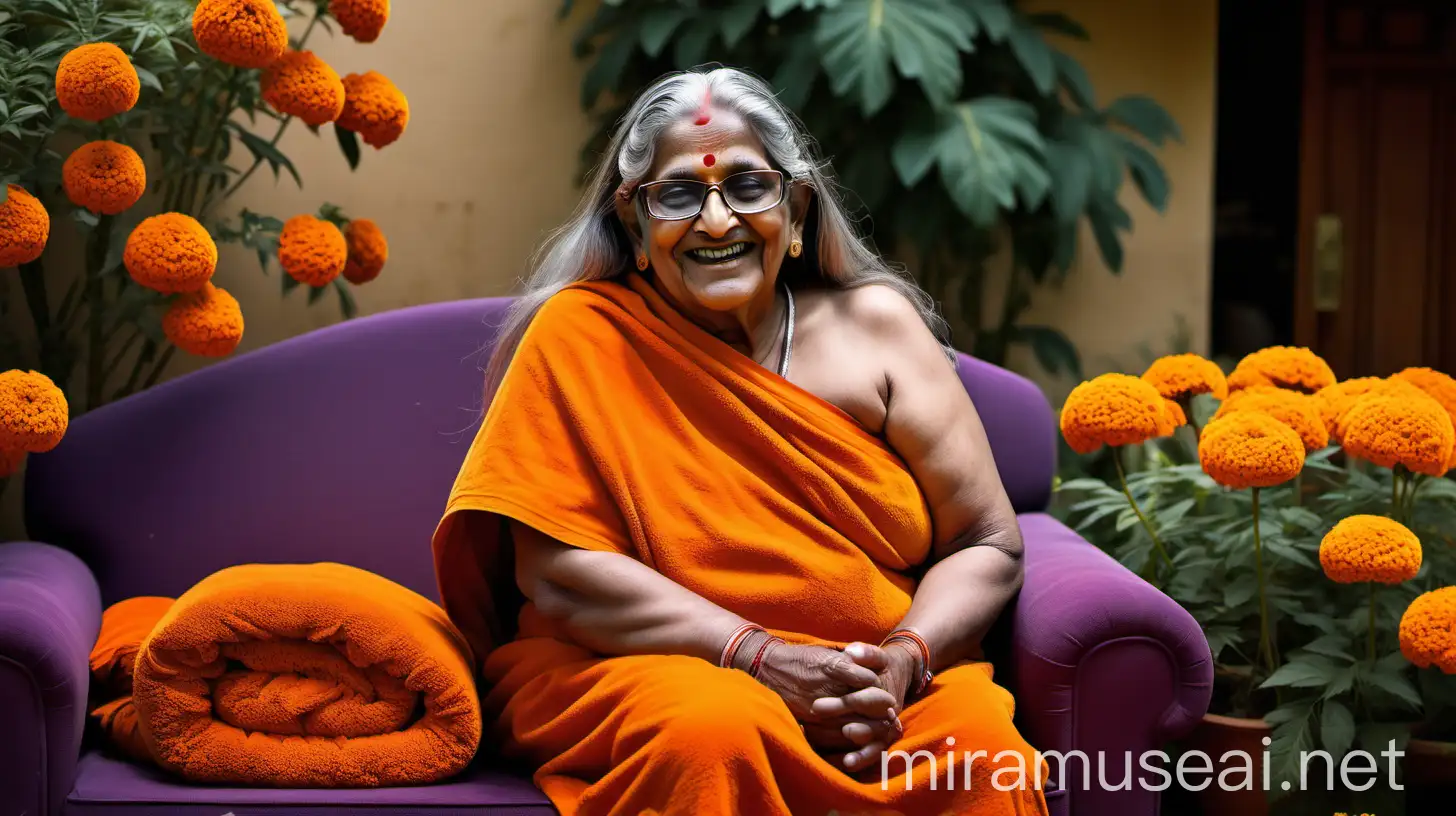 Senior Hindu Woman Monk Laughing with Bodybuilder in Marigold Garden