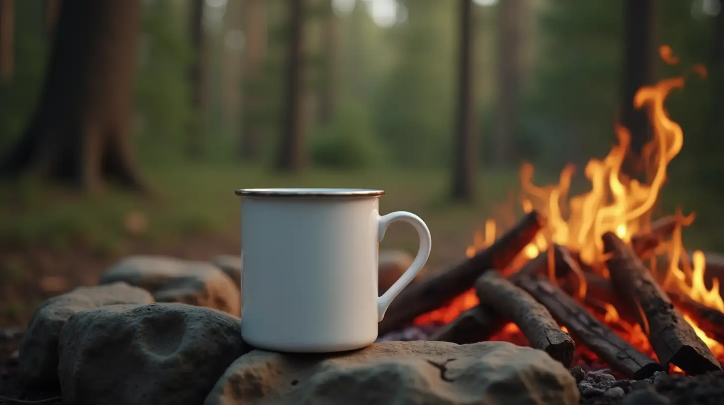 CloseUp White Coffee Mug by Campfire in Detailed Wooded Scene