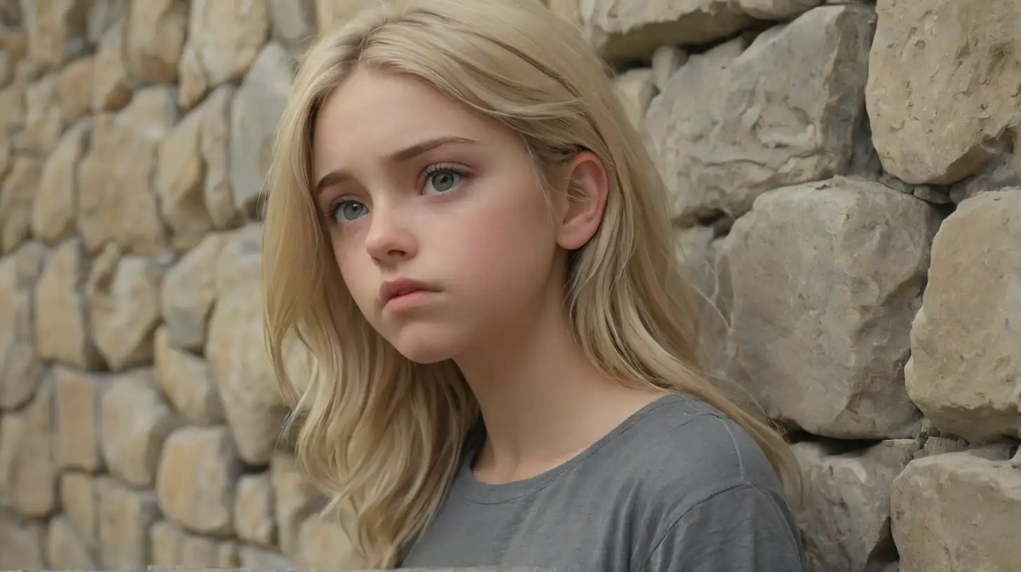 Sad Beautiful Blonde Teenage Girl Leaning Against a Large Stone Wall