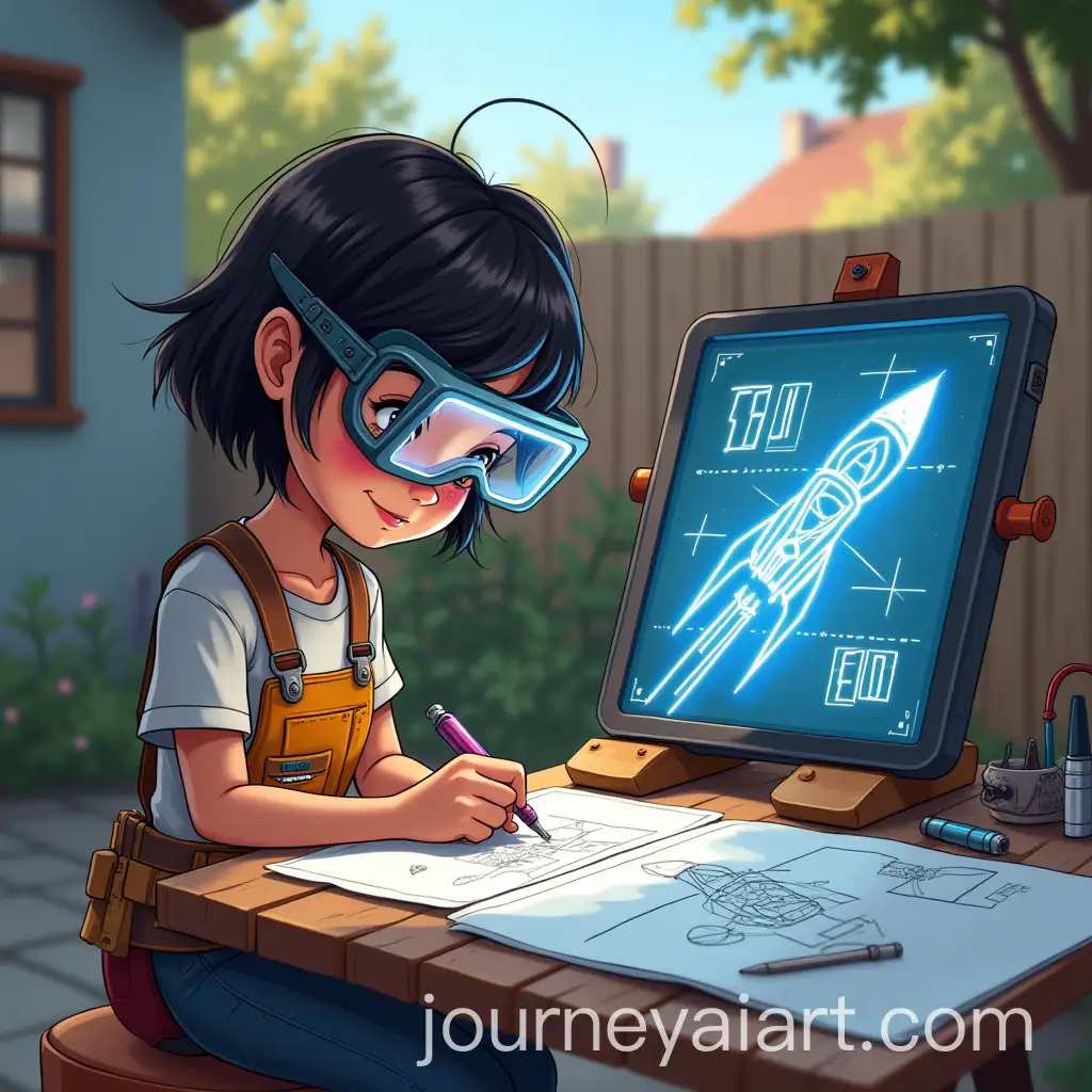 Creative-Young-Girl-Designing-HighTech-Rocket-Rollercoaster-Blueprint-in-Backyard