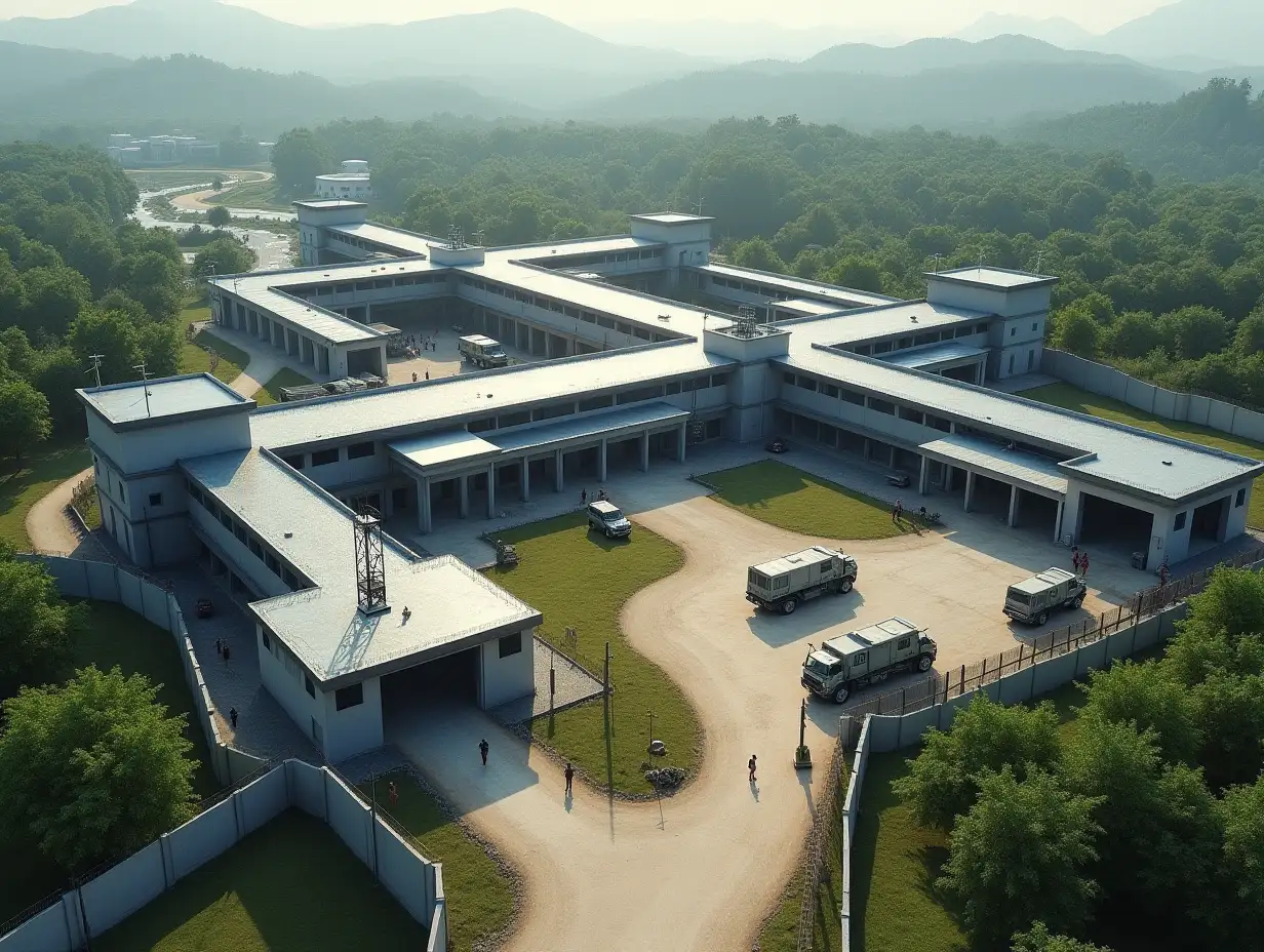 A modern, fortress-like compound located in the Myanmar border region, viewed from above. The scene features high-security fences, multiple interconnected buildings, and visible surveillance cameras. Armed military personnel patrol the perimeter, with guard posts at strategic points. The compound is bordered by a winding river on one side. Watch towers are positioned at corners, with uniformed guards visible. Several military trucks and police vehicles are parked within the compound. Security checkpoints are visible at the main entrance. The scene is rendered in photorealistic 8K quality with precise architectural details and natural lighting, capturing the high-security nature of the facility.