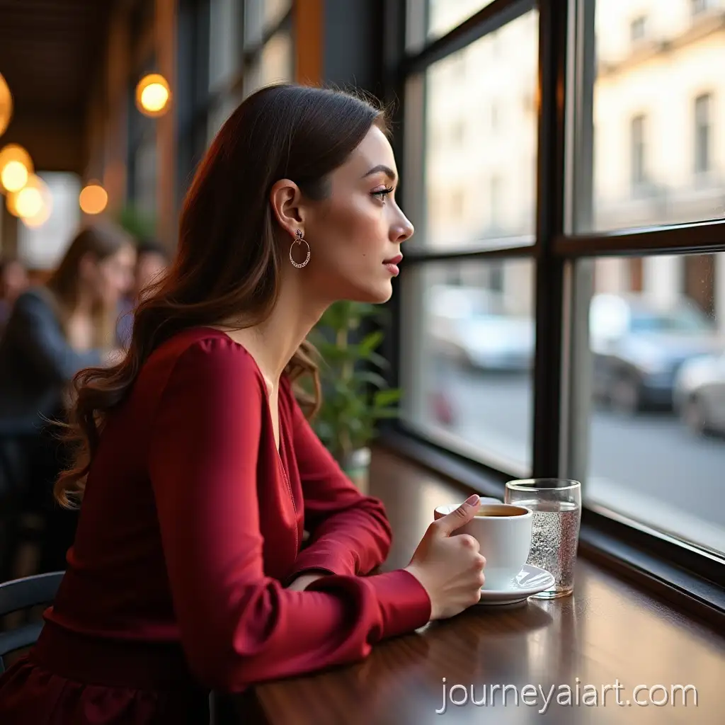 Brunette-Woman-in-Crimson-Satin-Dress-SittingBrunette-in-crimson-dress-at-Cafeteria-Table-by-Window