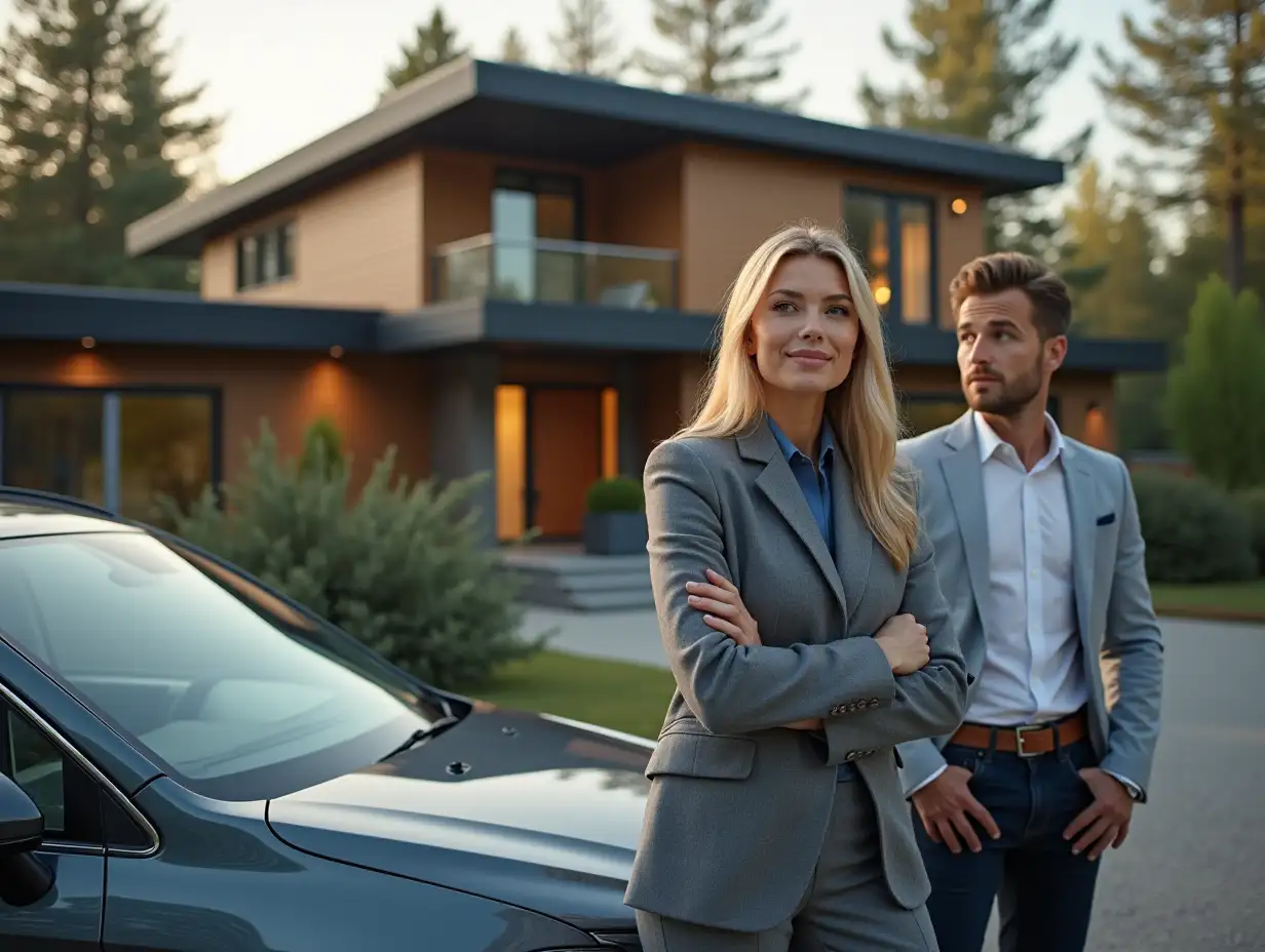 BLONDE young woman in office outfit, leaning on car hood and talk with her youngman in front of a two-story modern house with a flat roof on the driveway pine forest , fotorealistic face dettaling