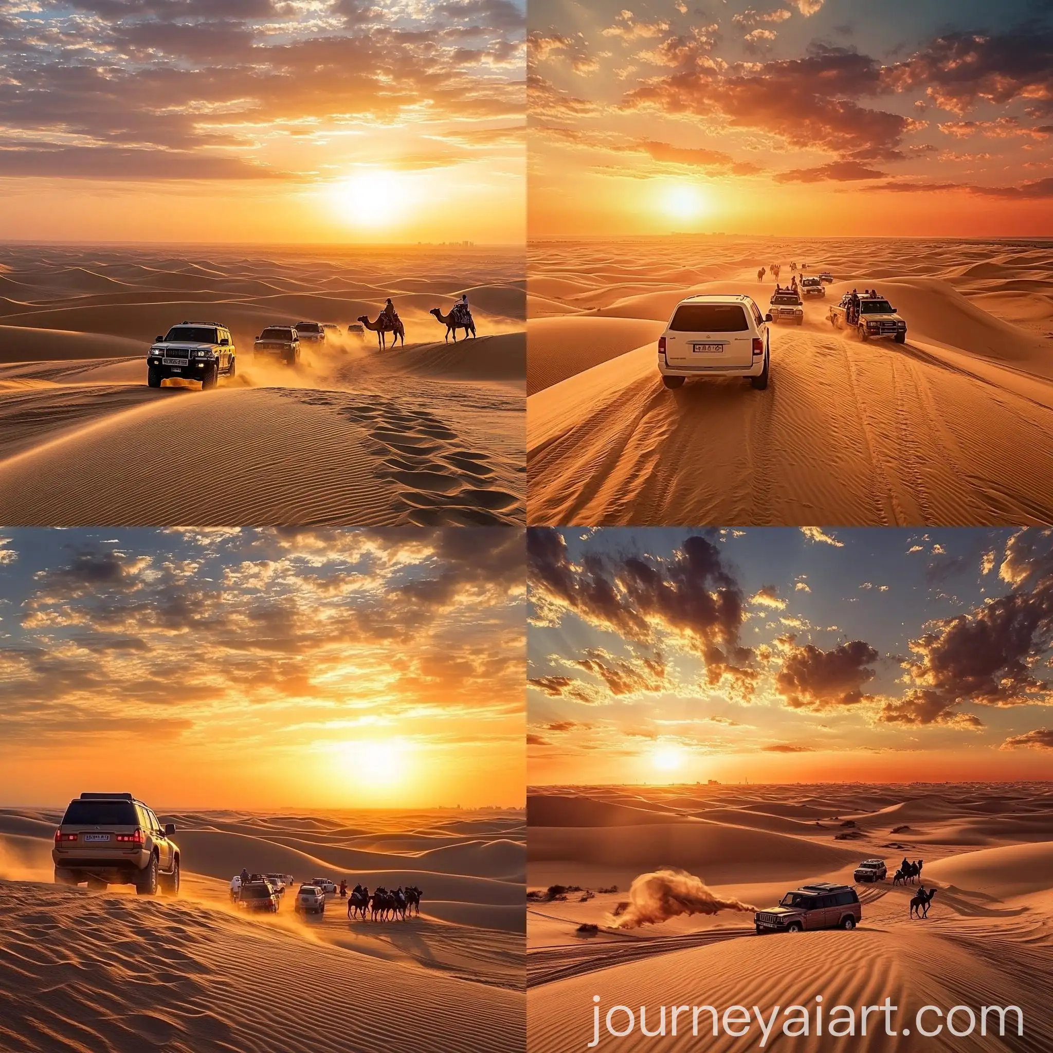 Thrilling-Desert-Safari-Adventure-in-Dubai-with-4x4-SUVs-and-Camels-at-Sunset