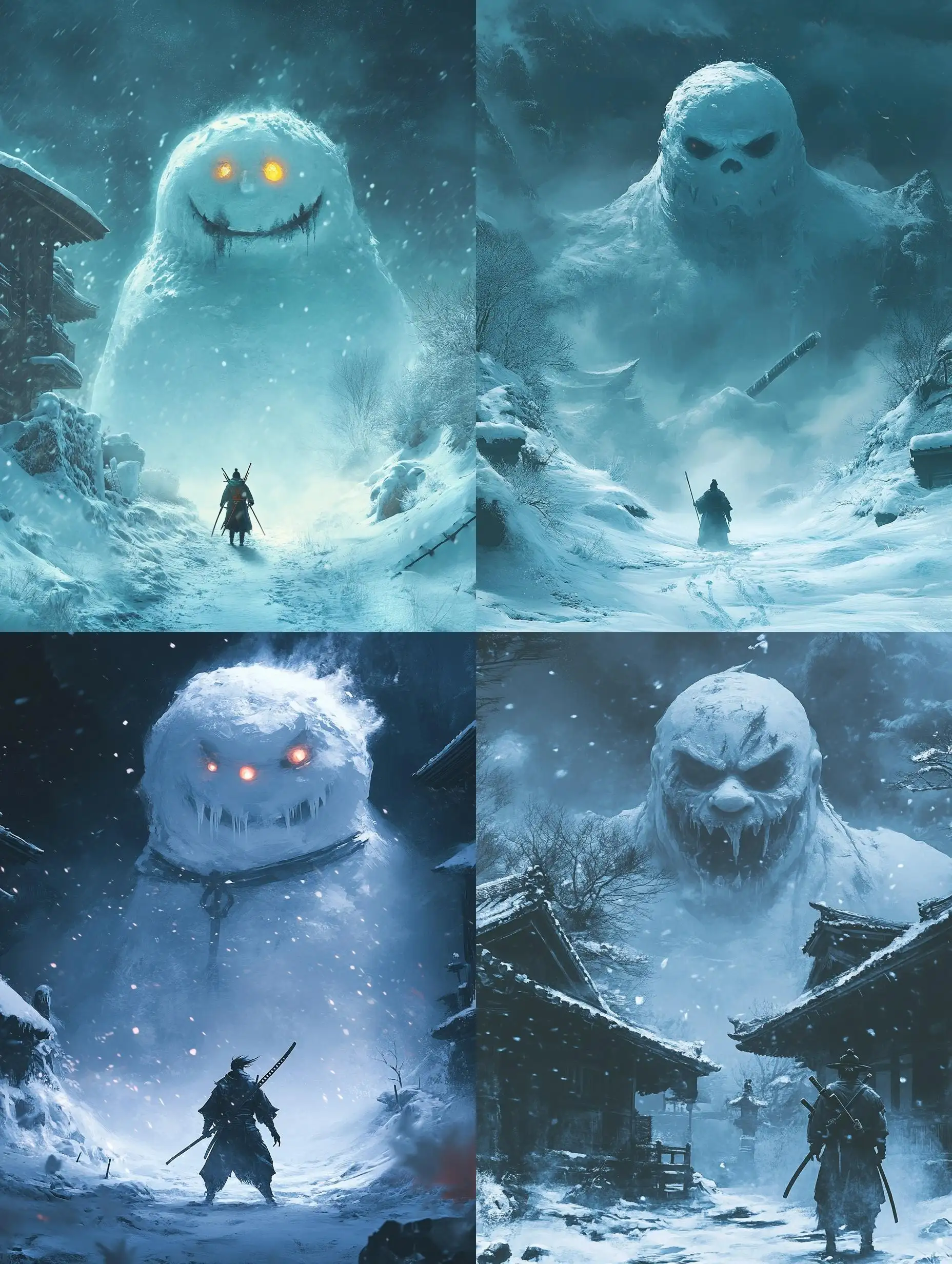 The-Frozen-Path-Book-Cover-with-Samurai-and-Spooky-Snowman-Theme