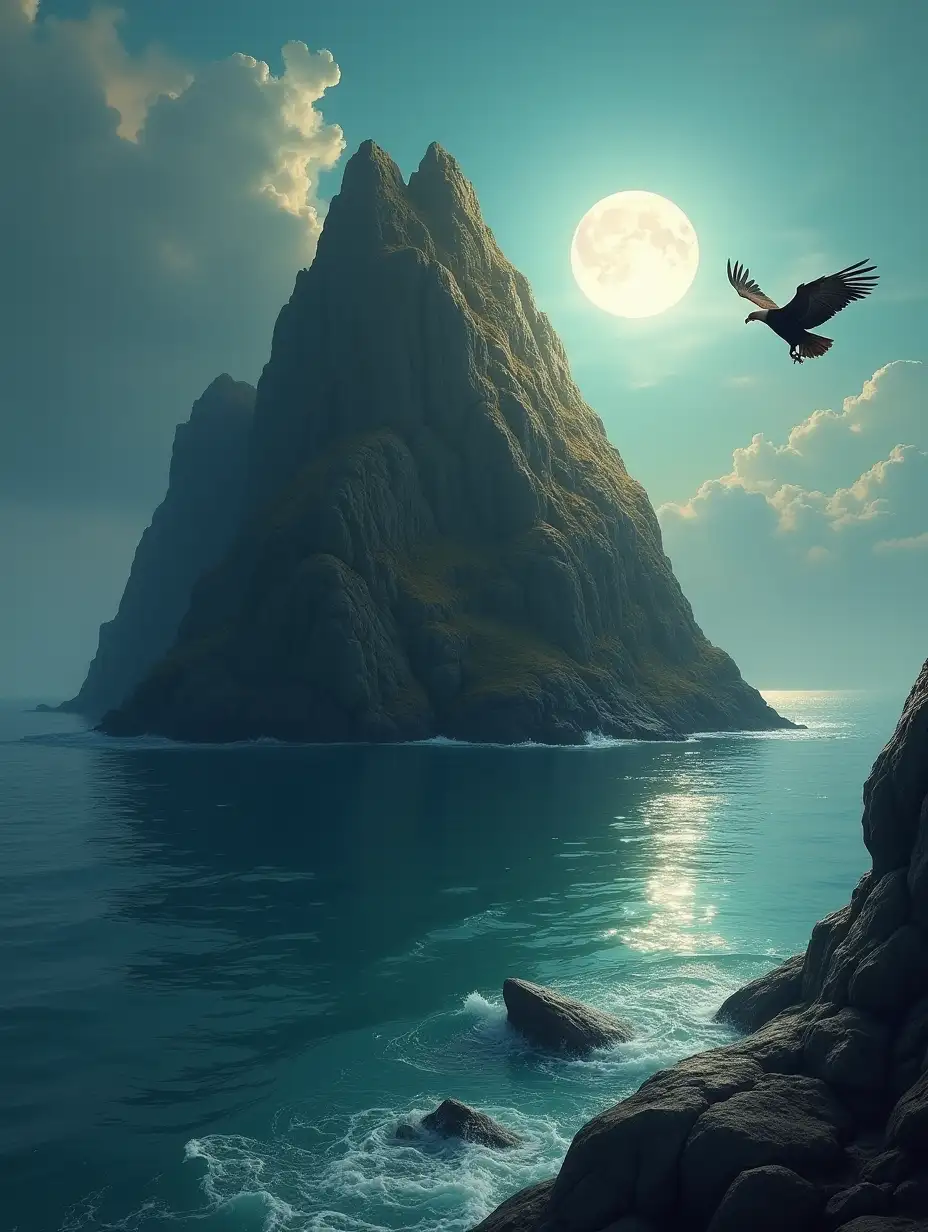 Majestic-Rock-Emerging-from-Calm-Waters-Under-Full-Moon-with-Imperial-Eagle